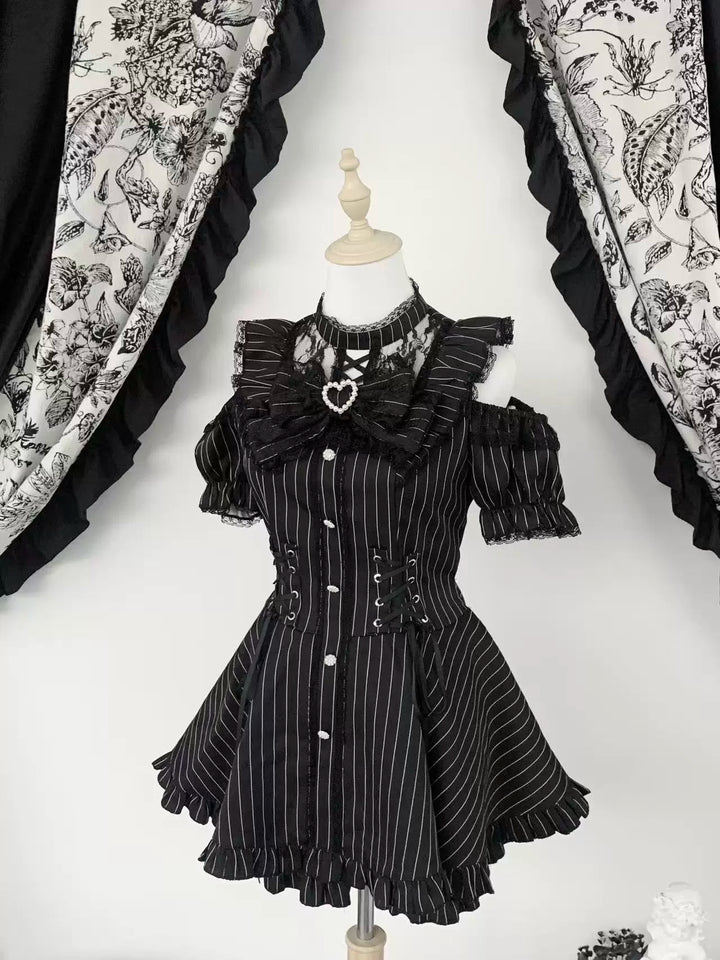 Jirai Kei Pure & Striped Black Dress, Open Shoulder (XL) 44960:831990
