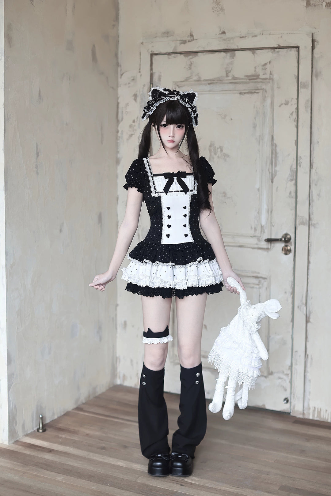 Old School Style Polka Dot Dress, Heart Button Decoration (M S) 45455:850835