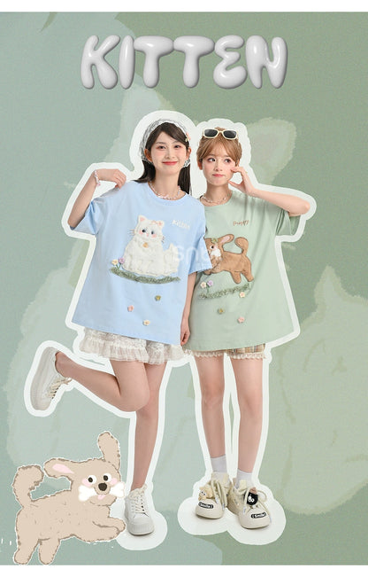 Kawaii T-shirt Short Sleeves Cotton Top Patch Embroidery 35896:559588