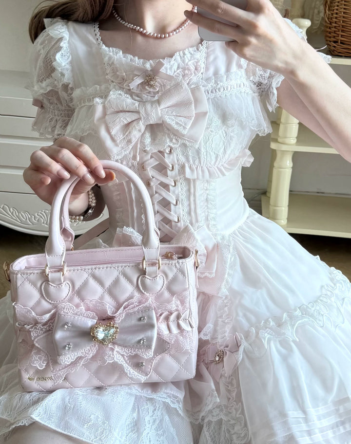 Ryousangata Square Handbag, Lace Bow & Diamond Quilting 45754:862815