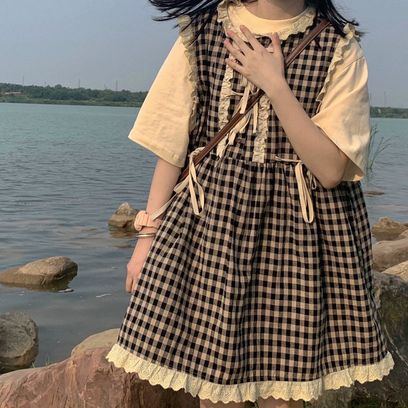 Kawaii Dress Mori Kei Dress Plaid Vest Dress Cotton Linen Dress (M S) 36450:523348 (M S) 36450:523348