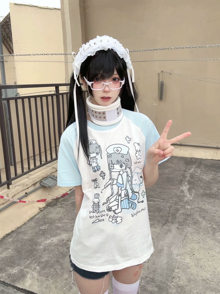 Yami Kawaii Cotton T-Shirt with Angelic Nurse Print 42852:755365