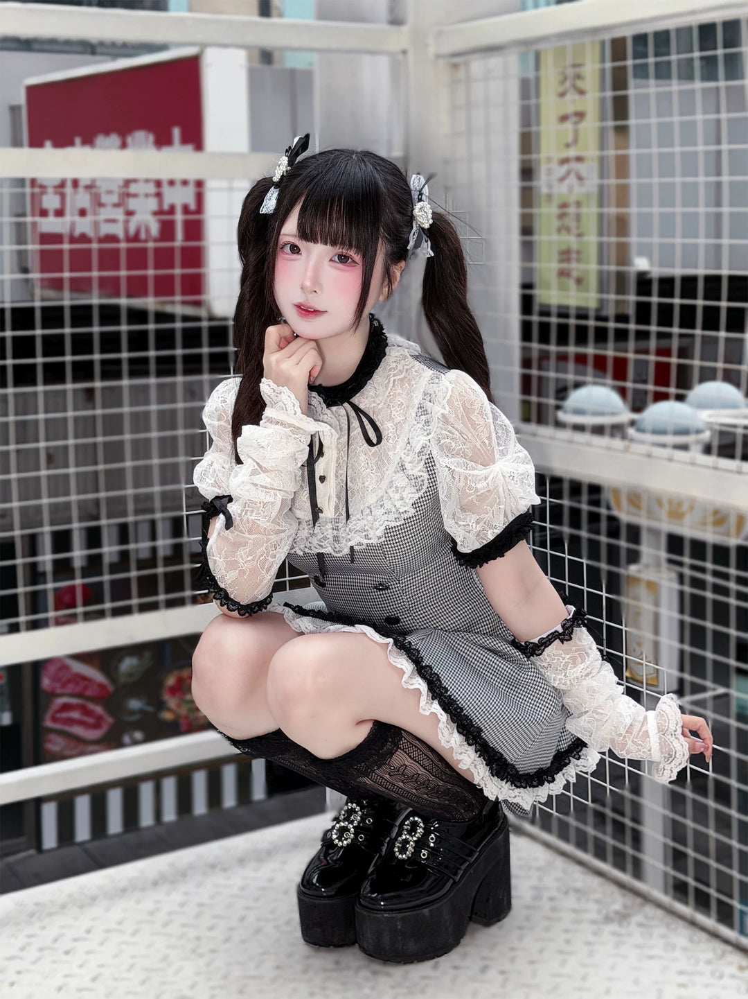 Jirai Kei Houndstooth Pattern Dress, Lace & Detachable Sleeves 44922:828298