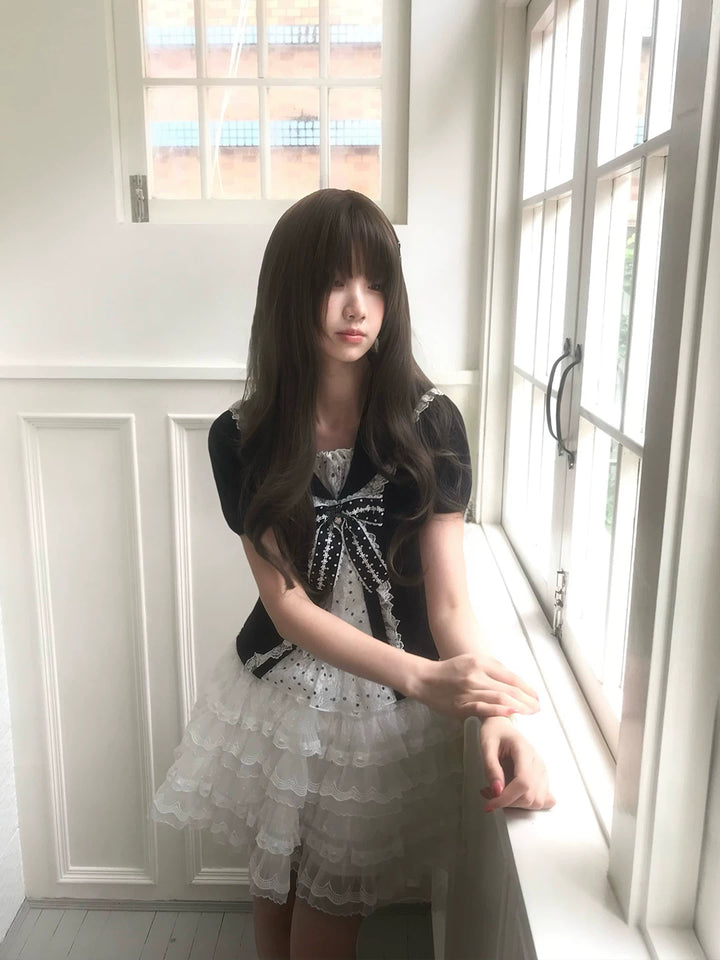 Sweet Polka Dot Sailor Collar Blouse, Elastic Waist Skirt 45346:850176