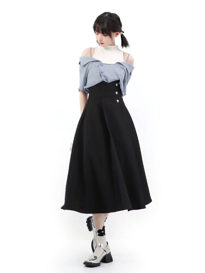 Elegant Outfit Set Chiffon Blouse Suspender Skirt Set 40238:663542