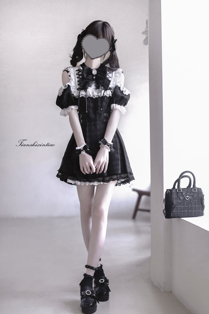 Off-Shoulder Jirai Kei Dress Set with Bow Tie & Safety Shorts 42705:761426
