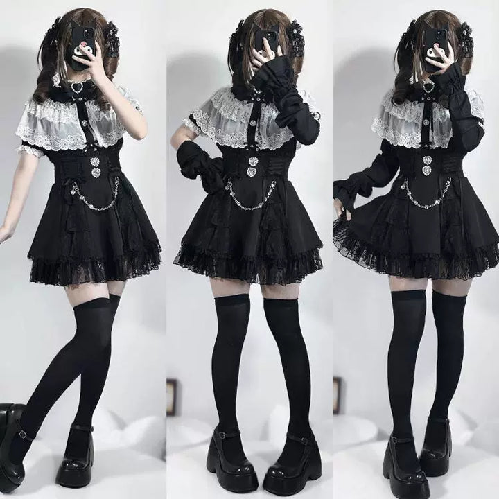Jirai Kei Blouse with Layered Lace Cape & Detachable Sleeve 42860:755746
