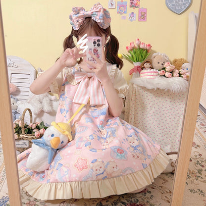 Sweet Lolita Dress Bear Print Jumper Dress Kawaii Salopette 37288:555358