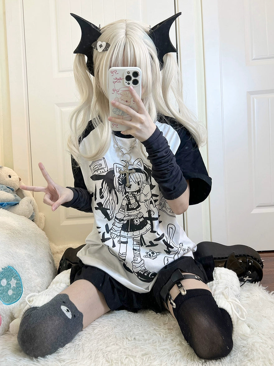 Subculture Shirt Black White Raglan Sleeve T-shirt Anime Top 37742:579304