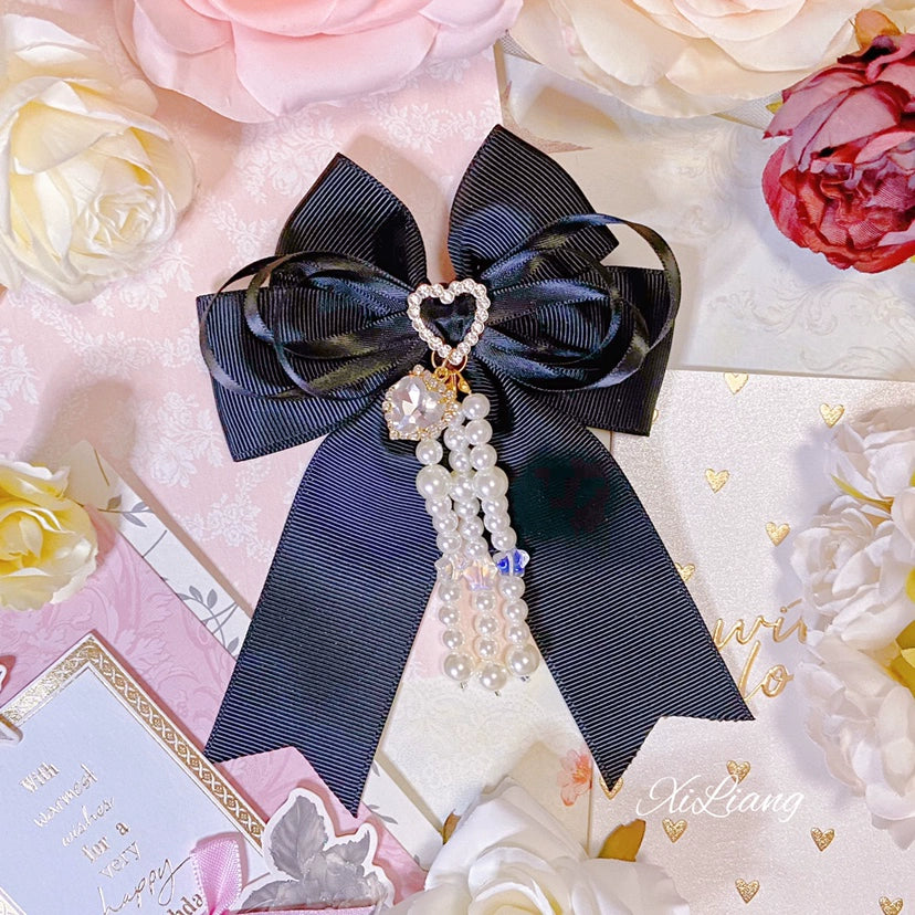 Jirai Kei Black Hair Clip Heart Rhinestone Bow Hair Clip 33798:449916 33798:449916