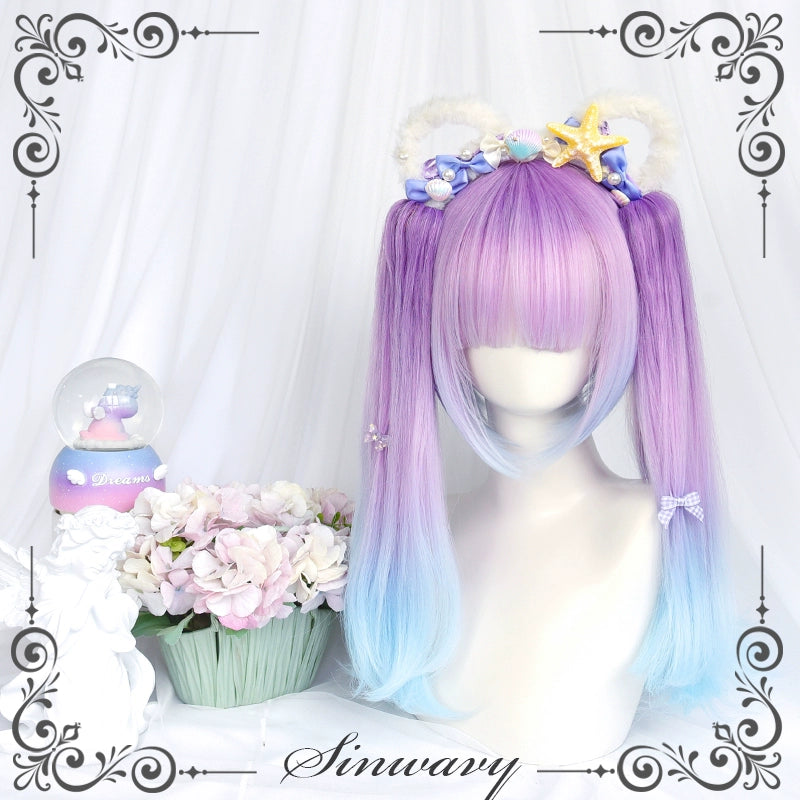 Lolita Wig Blue-Purple Bob Haircut Claw Clip Ponytails 39346:635498