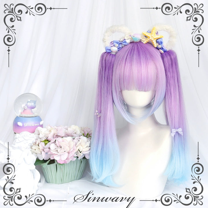 Lolita Wig Blue-Purple Bob Haircut Claw Clip Ponytails 39346:635498