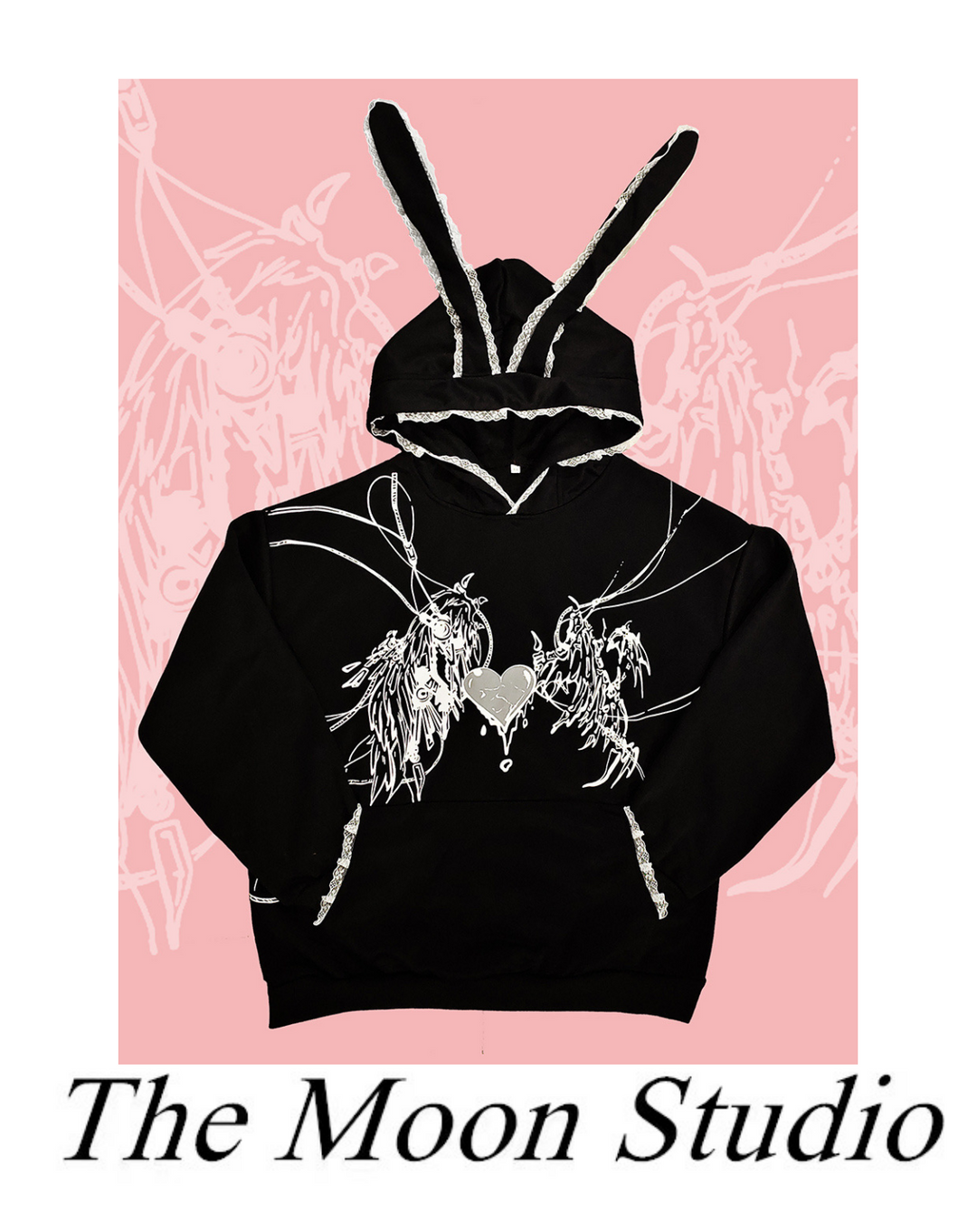 Punk Hoodie Y2K Black Hoodie With Bunny Ear Hood (L M XL) 39684:633806