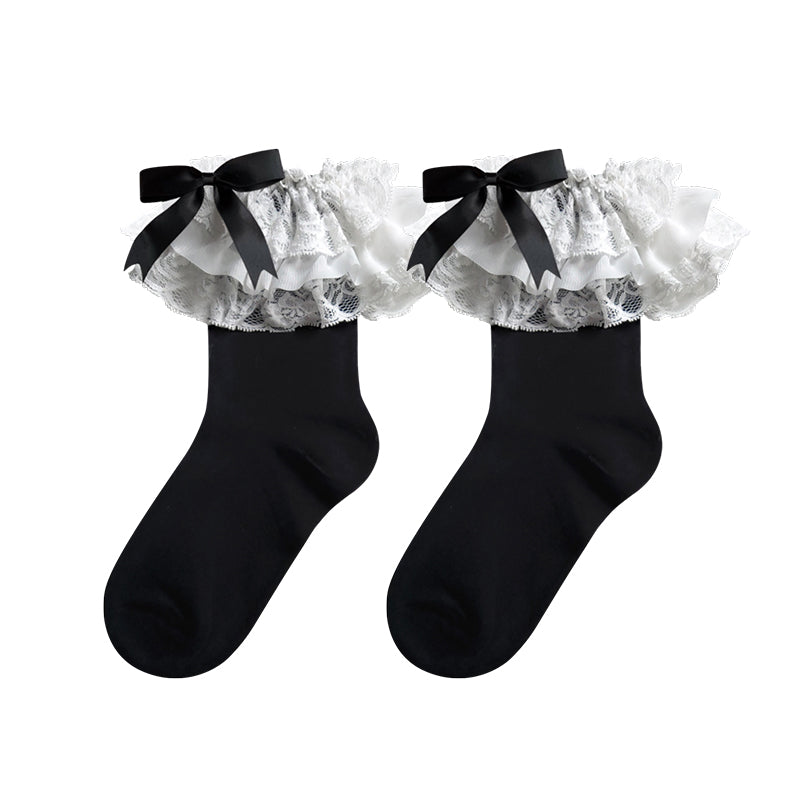 Lolita Socks Layers Lace Frill Cotton Mid-Calf Socks With Bows 42243:733463