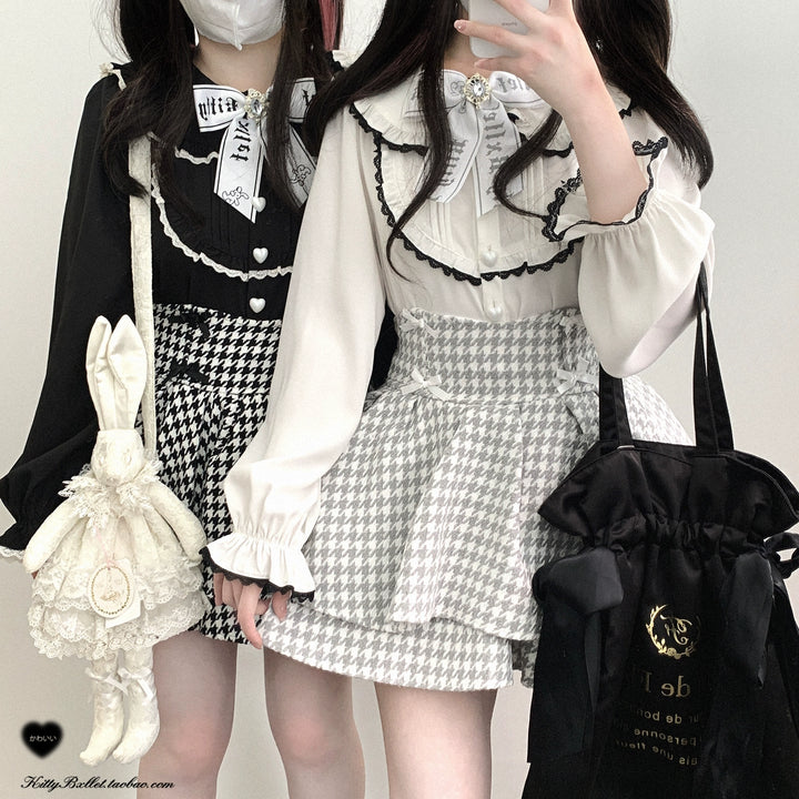 Jirai Kei Skirt Double Layer Black White Houndstooth Skirt 40020:649386