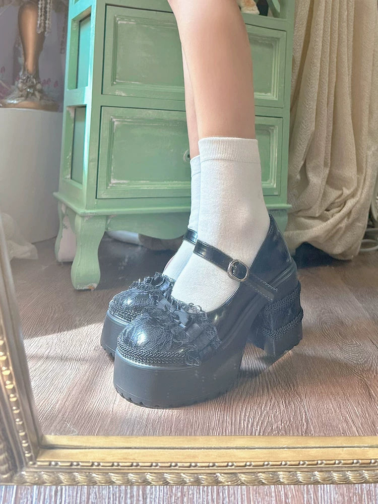 Jirai Kei Heeled Mary Jane Shoes, Lace Wrapped Toe 44952:832363