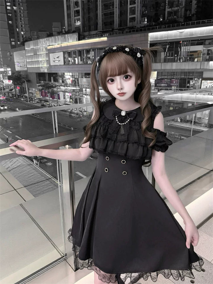 Jirai Kei Open Shoulder Dress, Layered Chest Ruffles 45366:847738