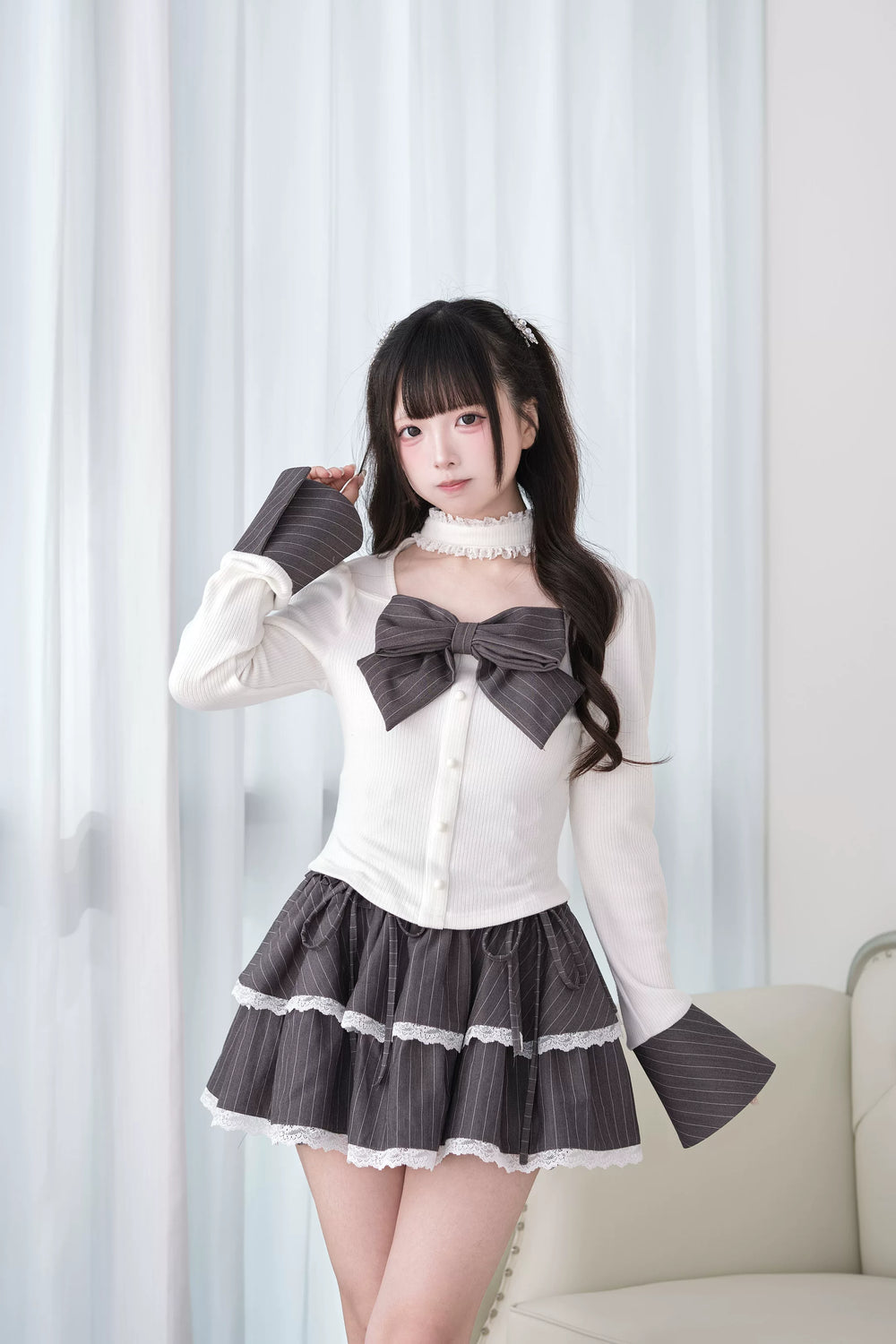 Jirai Kei Knit Top, Choker-Style Neck and Flared Sleeves (M S) 44686:818938