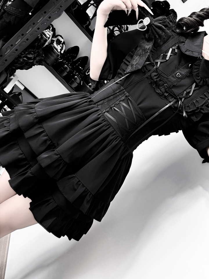 Black Jirai Kei Blouse & High Waist Skirt Set 45796:864026