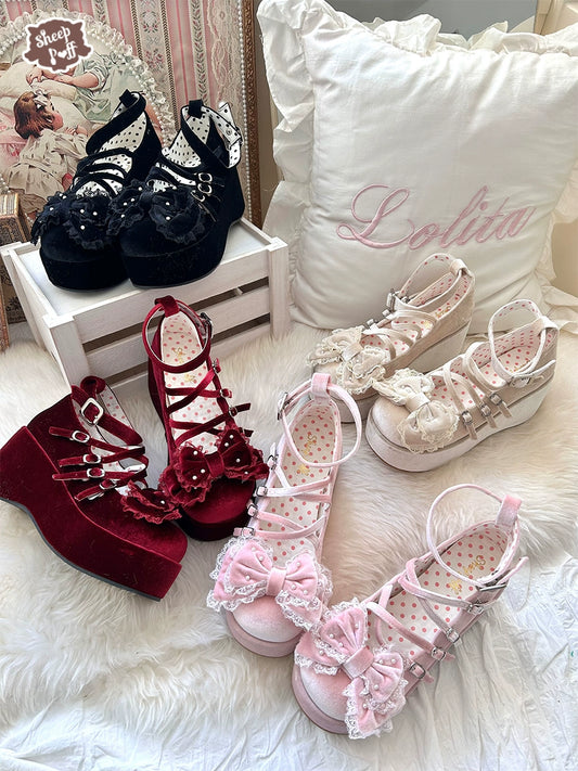 Lolita Shoes Velvet Platform Shoes Lace-up Mary Jane Shoes 37022:544018