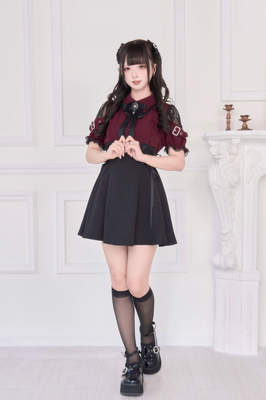 Lace Shoulder Jirai Kei Dress, Pleated Skirt 43534:779085