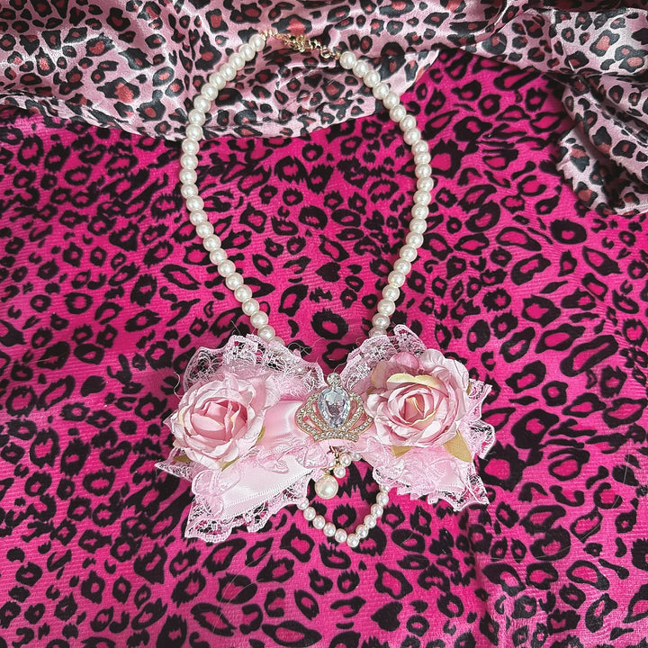 Gyaru Pearl Necklace, Floral or Heart Rhinestone Style 45564:854936