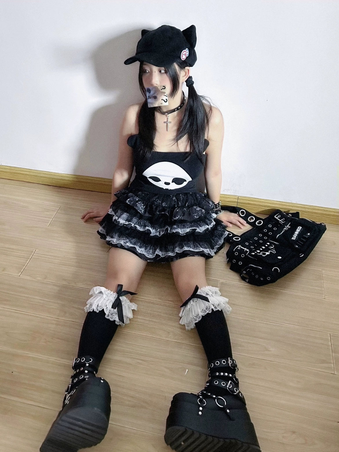Jirai Kei Skirt Gothic Punk Skirt Black Lace Puff Skirt 36582:558588