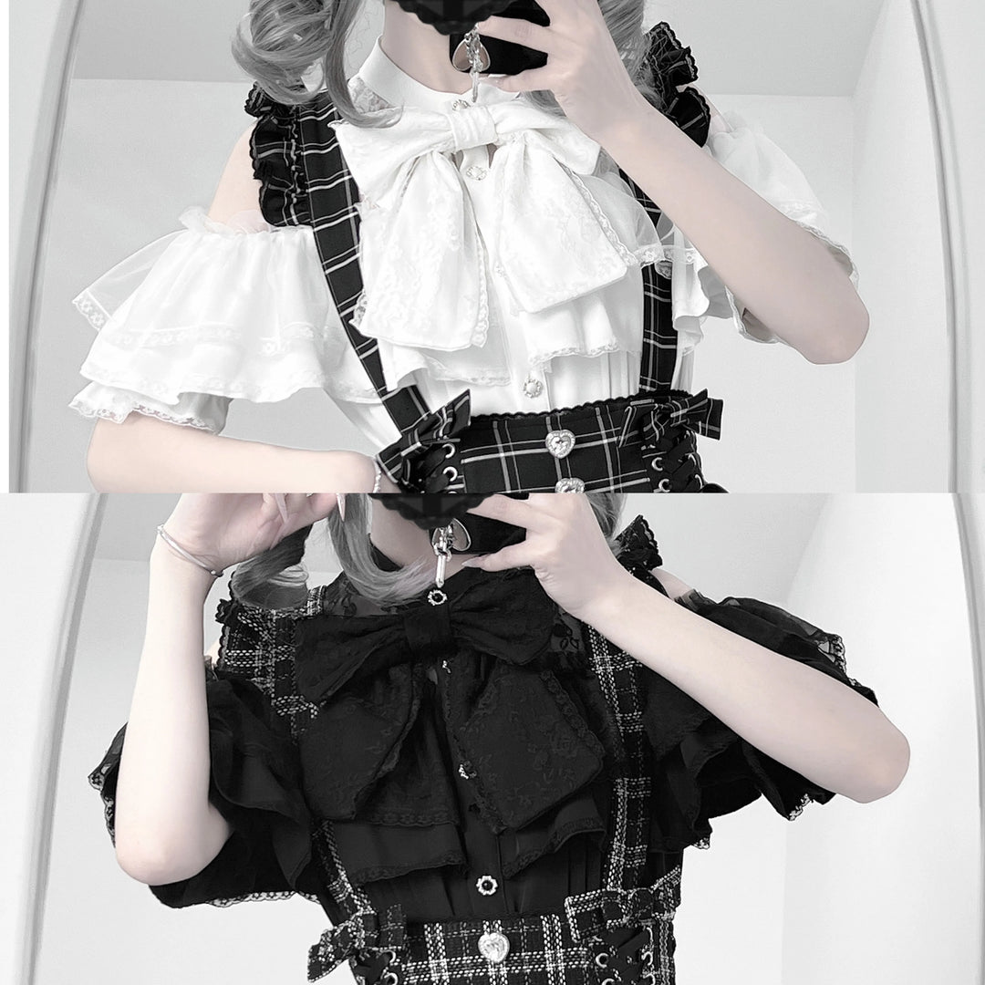 Solid Ryousangata Blouse, Lace Open-shoulder 44164:801560