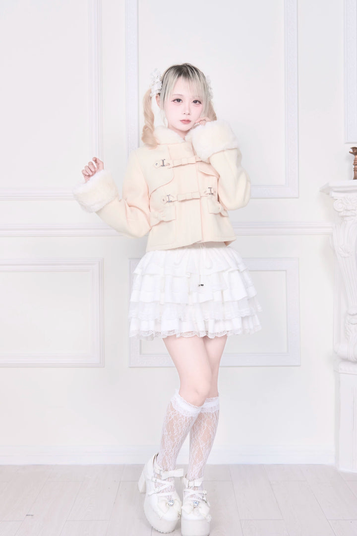 Hooded Rousangata Short Coat, Detachable Plush Cuffs 44116:796411