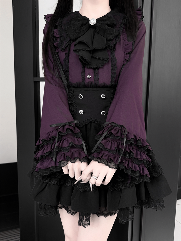 Jirai Kei Lace Blouse, High-Waist Tiered Skirt 44525:811417