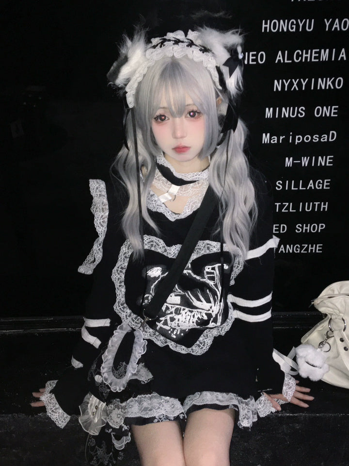 Subculture Shirt Anime Print Open-shoulder Lace Up Top 38062:579844