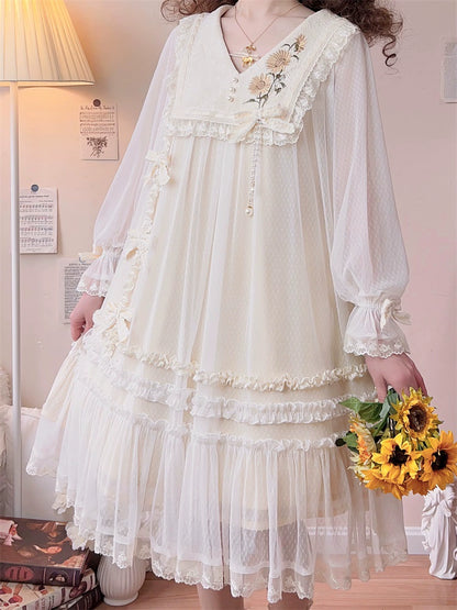 Sunflower Daily Lolita Dress Mori Kei Dress Long Sleeve Dress 36478:552220