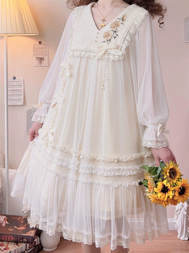 Sunflower Daily Lolita Dress Mori Kei Dress Long Sleeve Dress 36478:552220 36478:552220