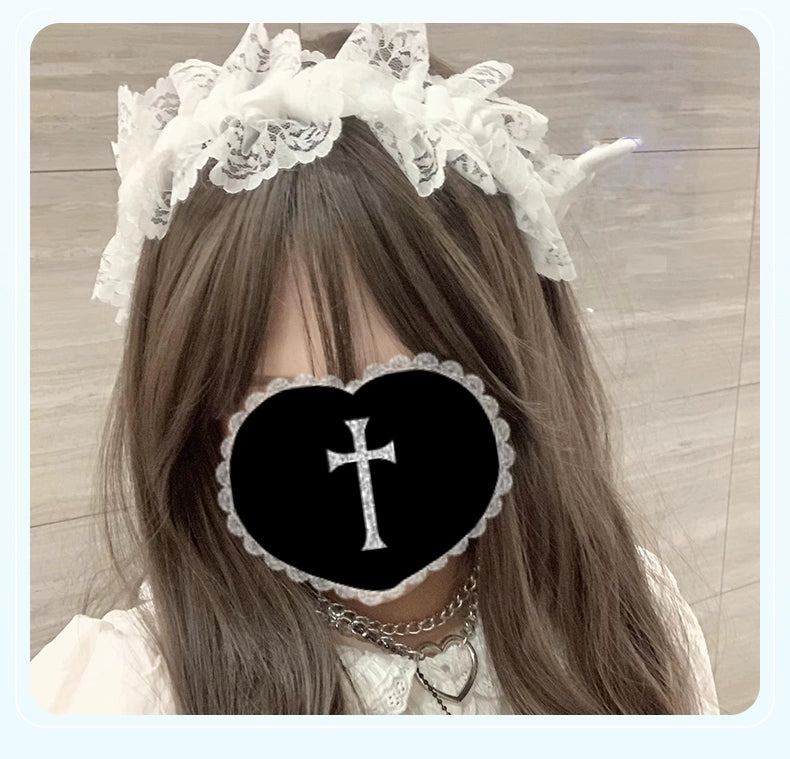 Jirai Kei White Black Angel Wings Lace Headband 21680:313368 21680:313368