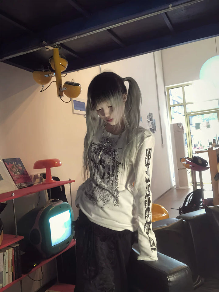 Gothic Printed Long Sleeve T-Shirt, Stretch Cotton 46066:874581