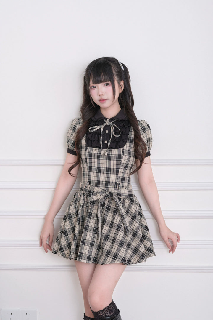 Summer Jirai Kei Plaid Dress, Layered Ruffle Chest (M S) 45197:839830