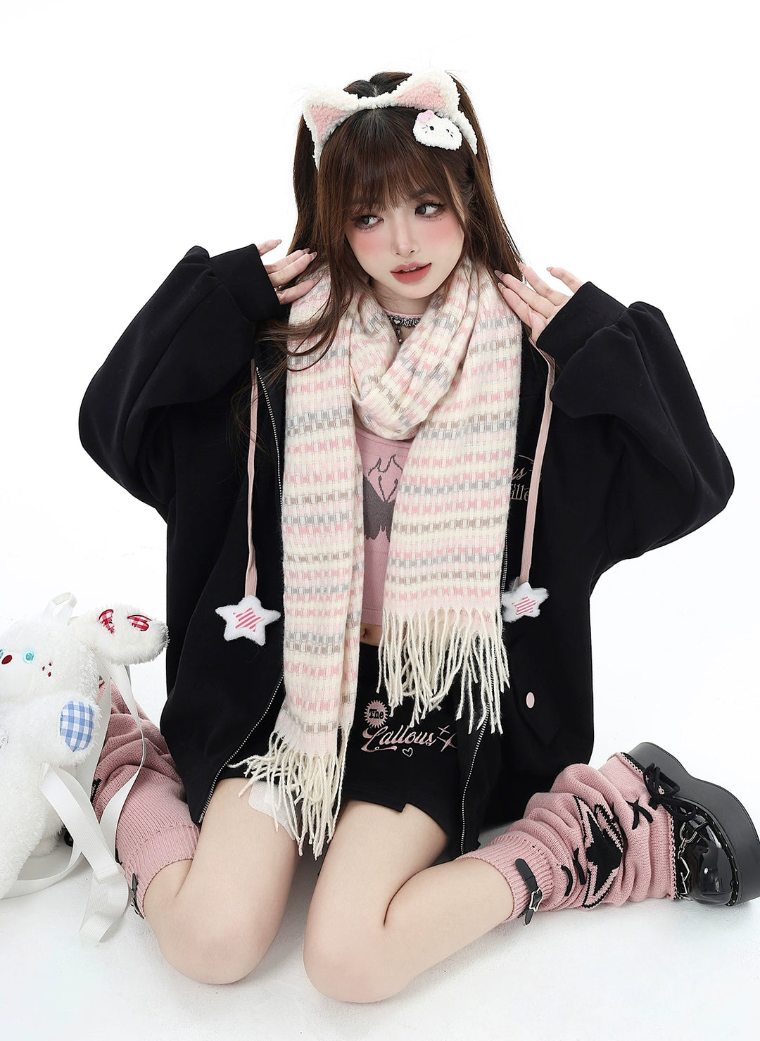 Jirai Kei Hoodie Zipper Jacket Casual Wear Skirt Set Pink Black 32456:439344