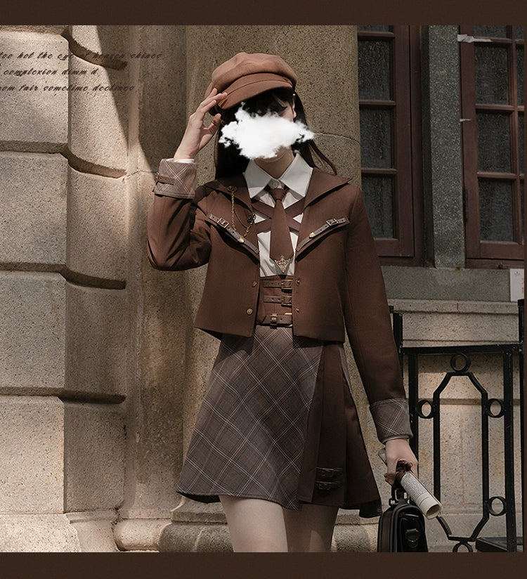 Preppy Style Brown Jacket Blouse Skirt Set 29528:350374