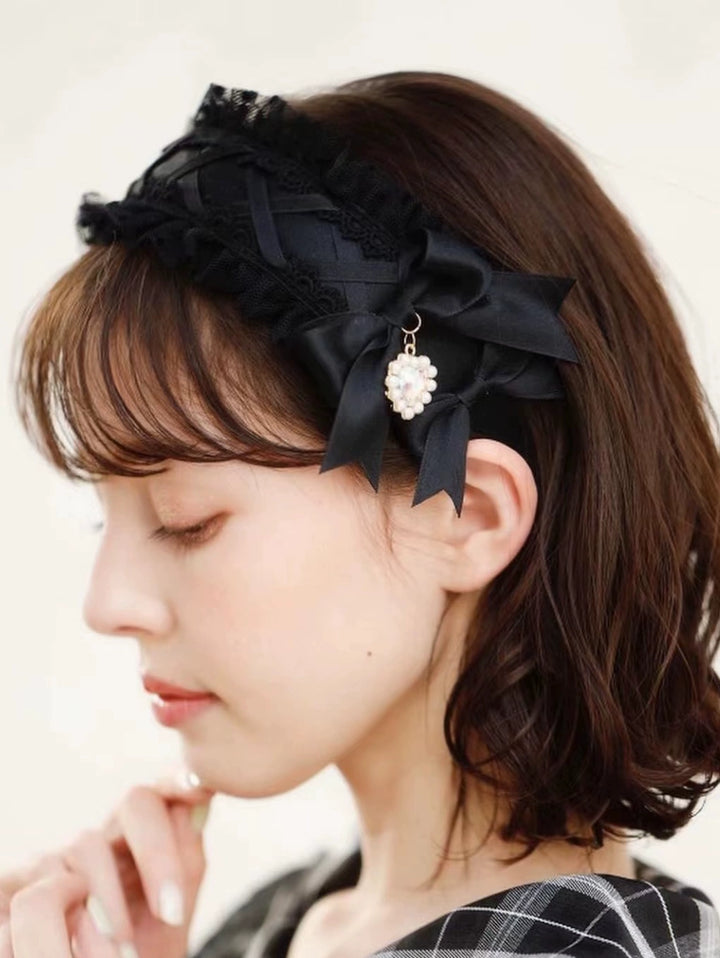 Jirai Kei Hair Hoop Lace Cross Bow Heart Diamond Hairband 21584:311732