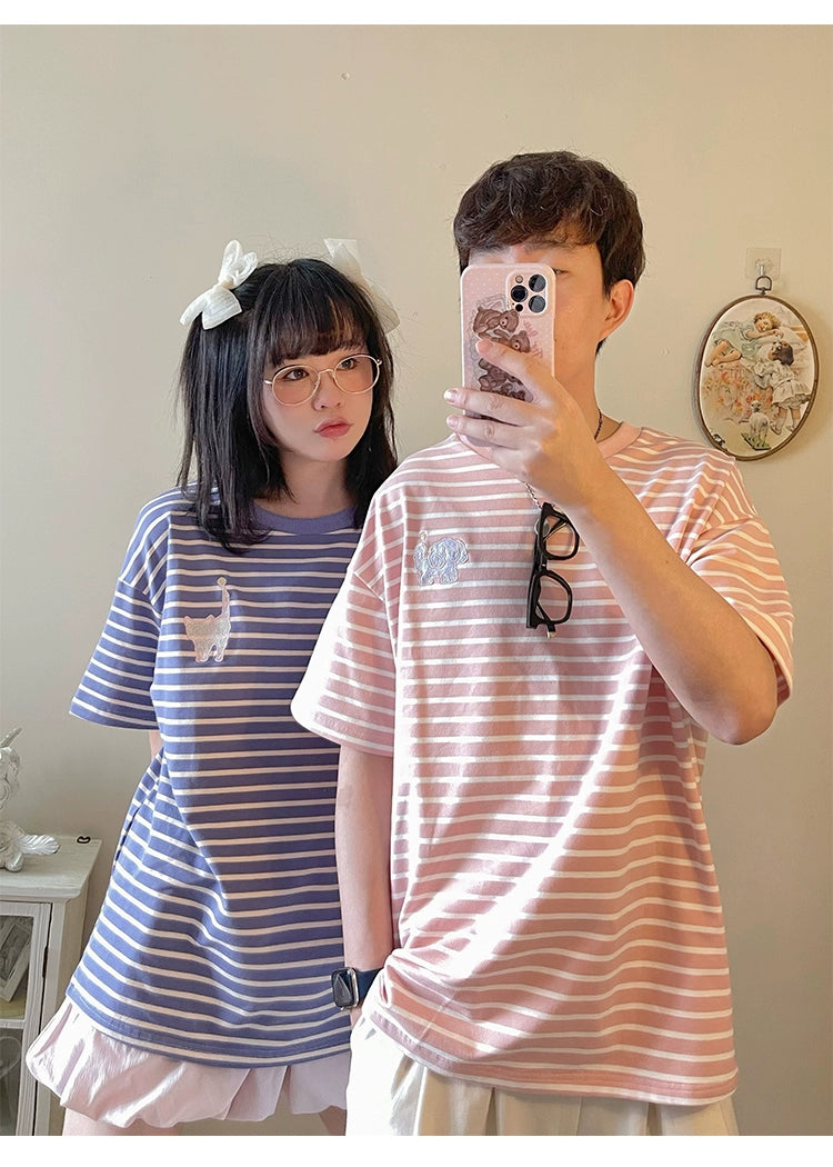 Kawaii Aesthetic Shirt Striped Short Sleeve Cotton Top 36562:518564