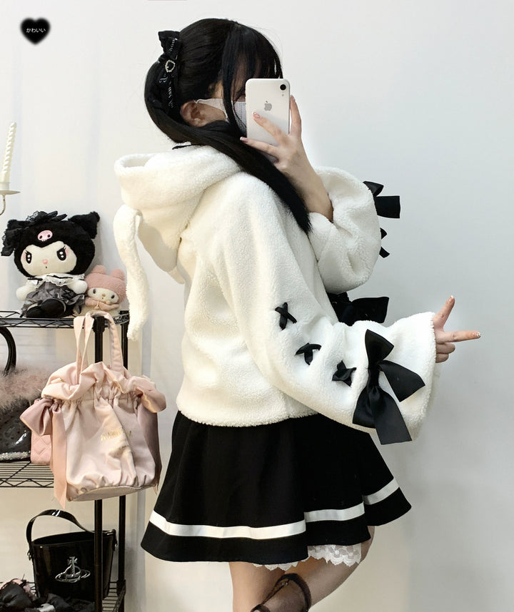 Jirai Kei Winter Coat White Black Plush Jacket With Rabbit Ear 31854:372638 31854:372638