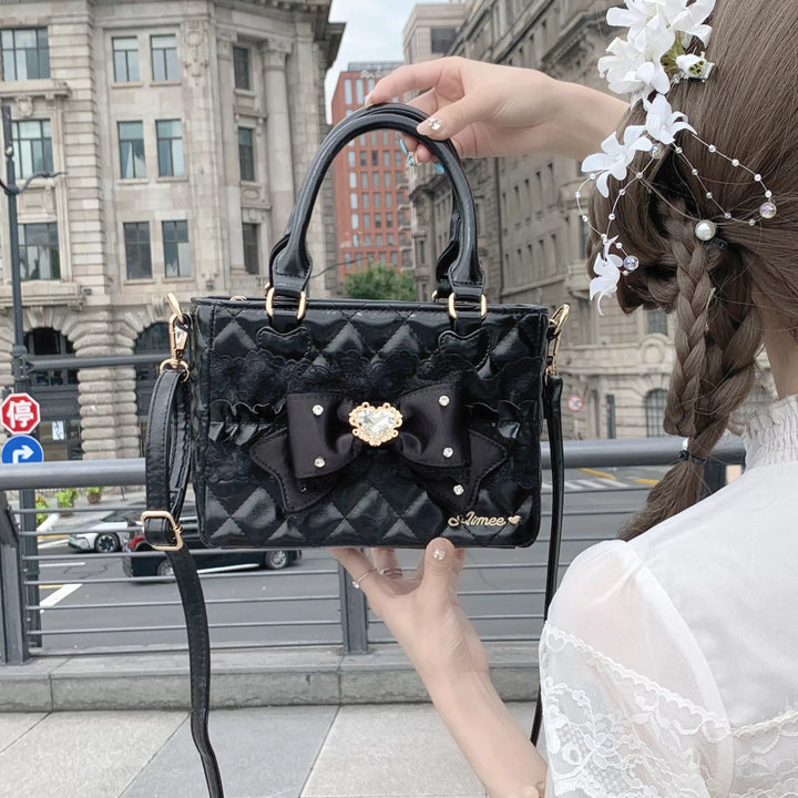 Ryousangata Square Handbag, Lace Bow & Diamond Quilting (Black) 45754:862807