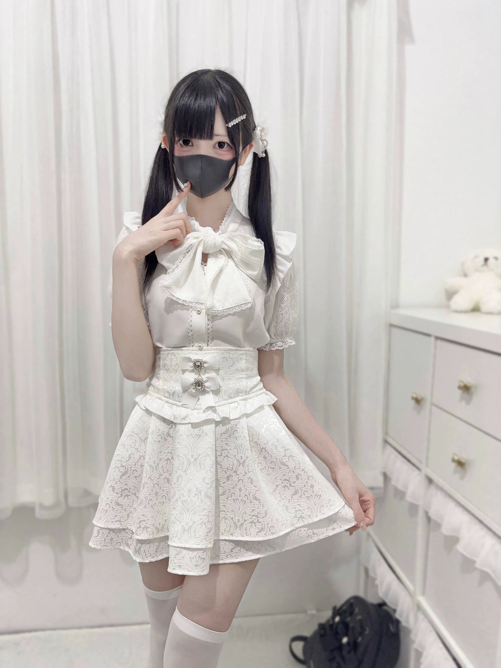 Jirai Kei Blouse Lace Bow Tie Lace Short Sleeve Shirt 38740:600474