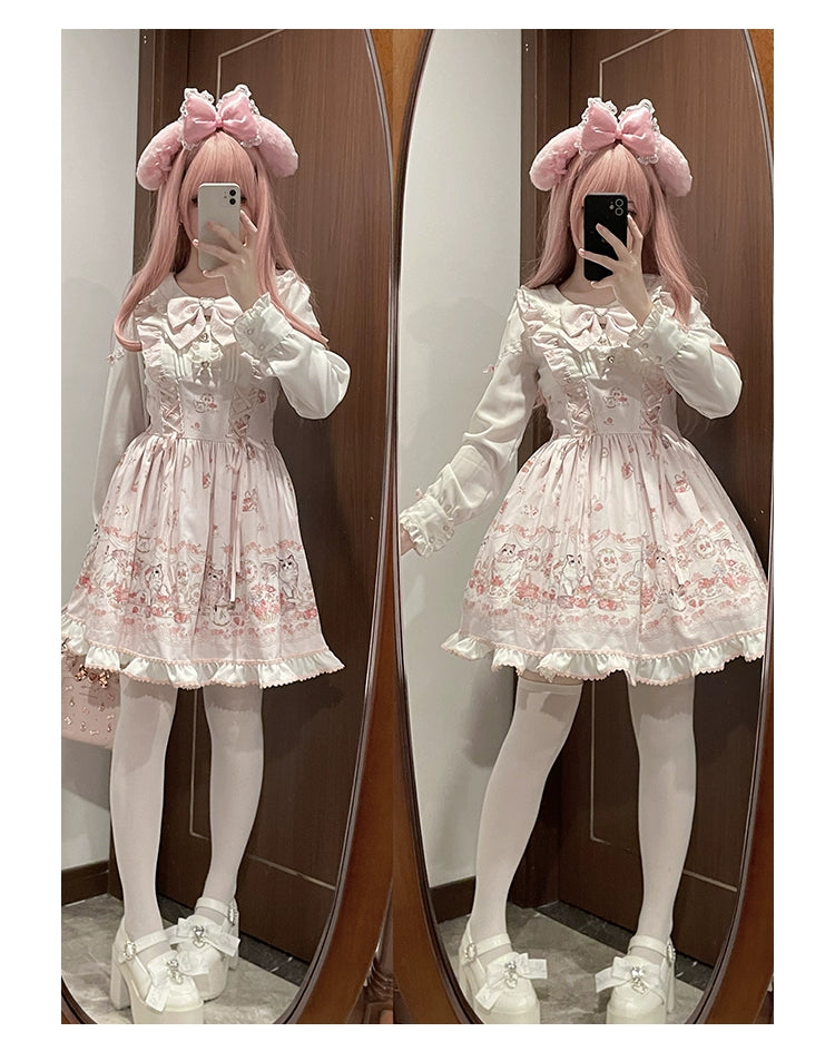 Kawaii Ryousangata Dress Long-sleeved Cat Printed OP Dress 40560:664786