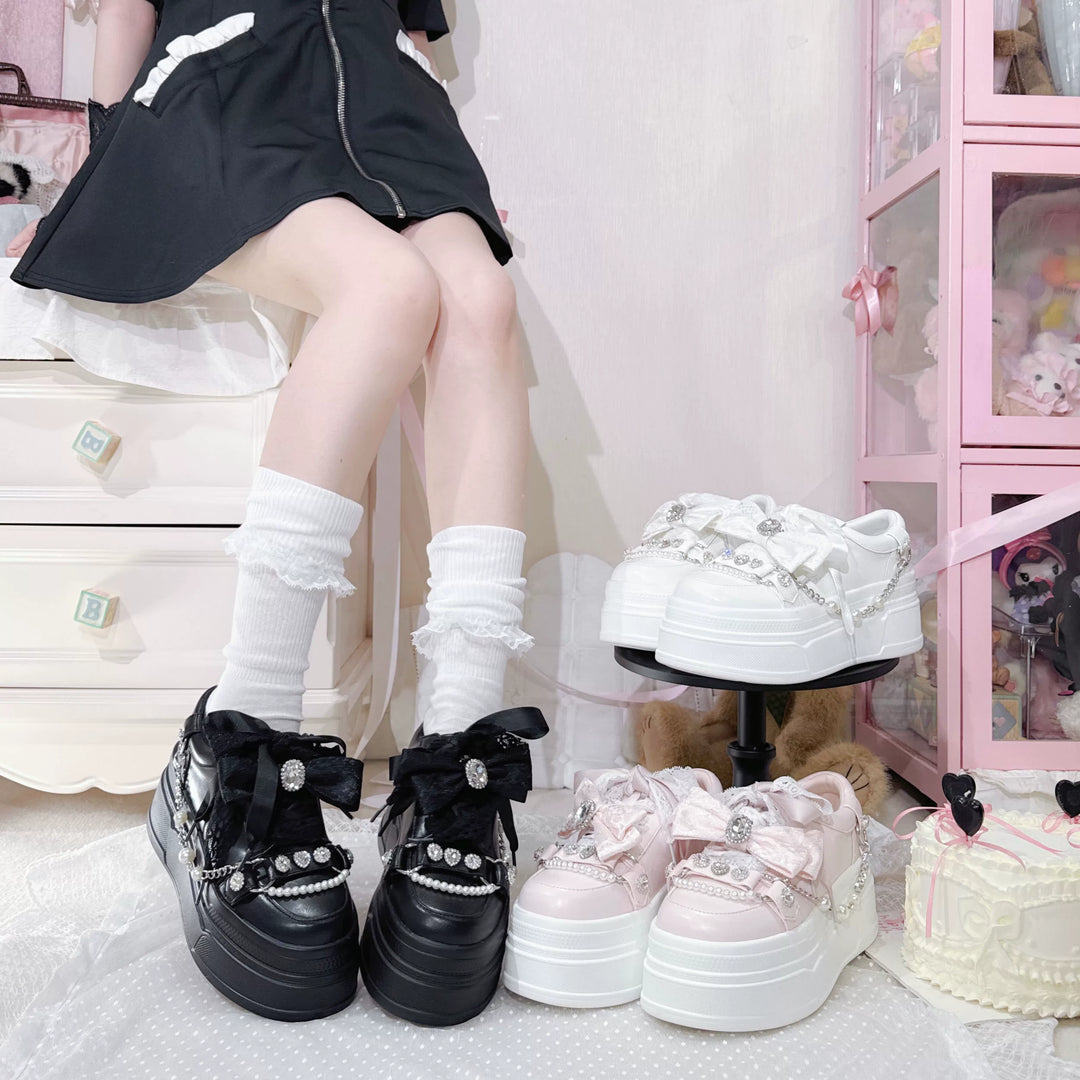 Jirai Kei Platform Shoes, Rhinestone & Pearl Chain 45866:868242