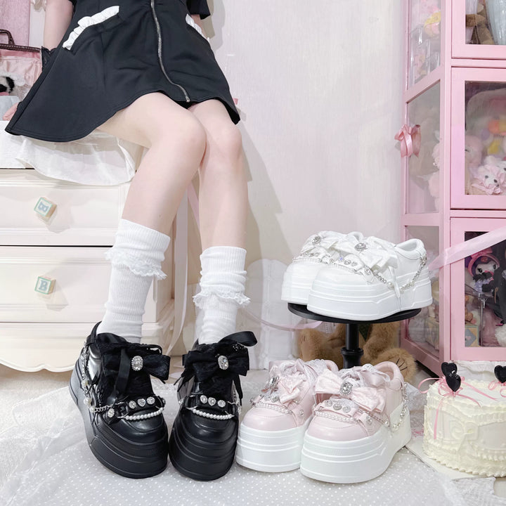 Jirai Kei Platform Shoes, Rhinestone & Pearl Chain 45866:868242