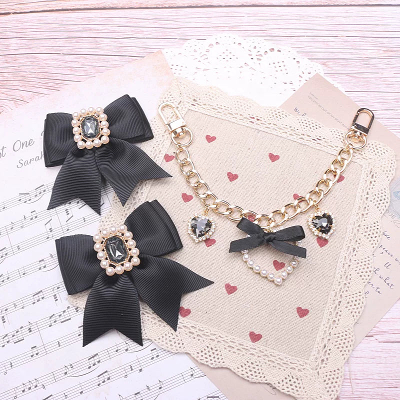 Ryousangata Bag Chain & Bow Charm, Heart-Shaped Rhinestone (Black) 45075:839443
