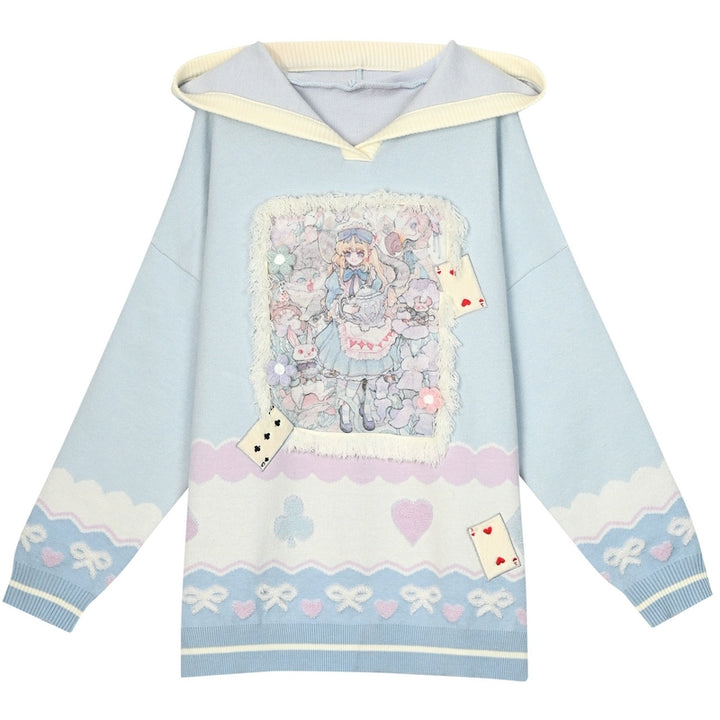 Mori Kei Sweatshirt Alice Print Blue Hoodie Autumn Vest (L M S) 39316:639764