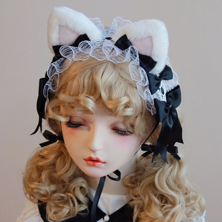 Lolita Headwear Handmade Cat Ears Hairband Black White Bow (22) 28946:332708 (22) 28946:332708