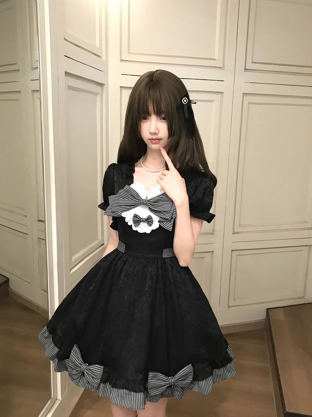Black Jacquard A-Line Fluffy Dress, Striped Bows 45349:849906